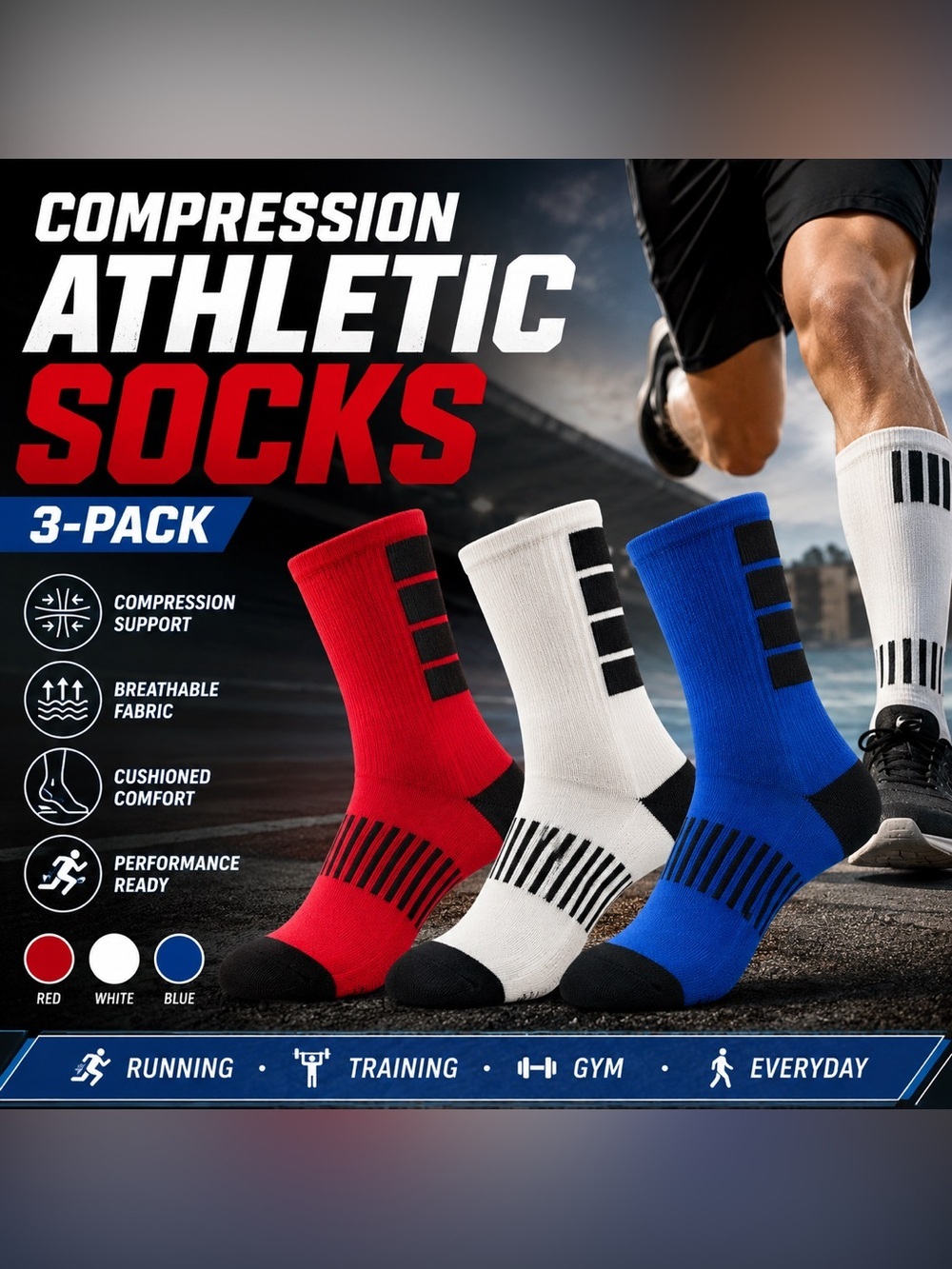 3-Pack Compression Athletic Crew Socks Red White Blue Unisex Sports Performance